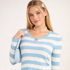 Vintage Y2K Tommy Hilfiger Sweater Large Blue White Cable Knit Henley Preppy 00s